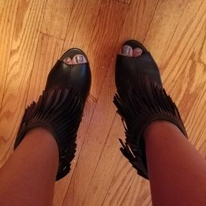 Black Leather Fringe Peep Toe Heels